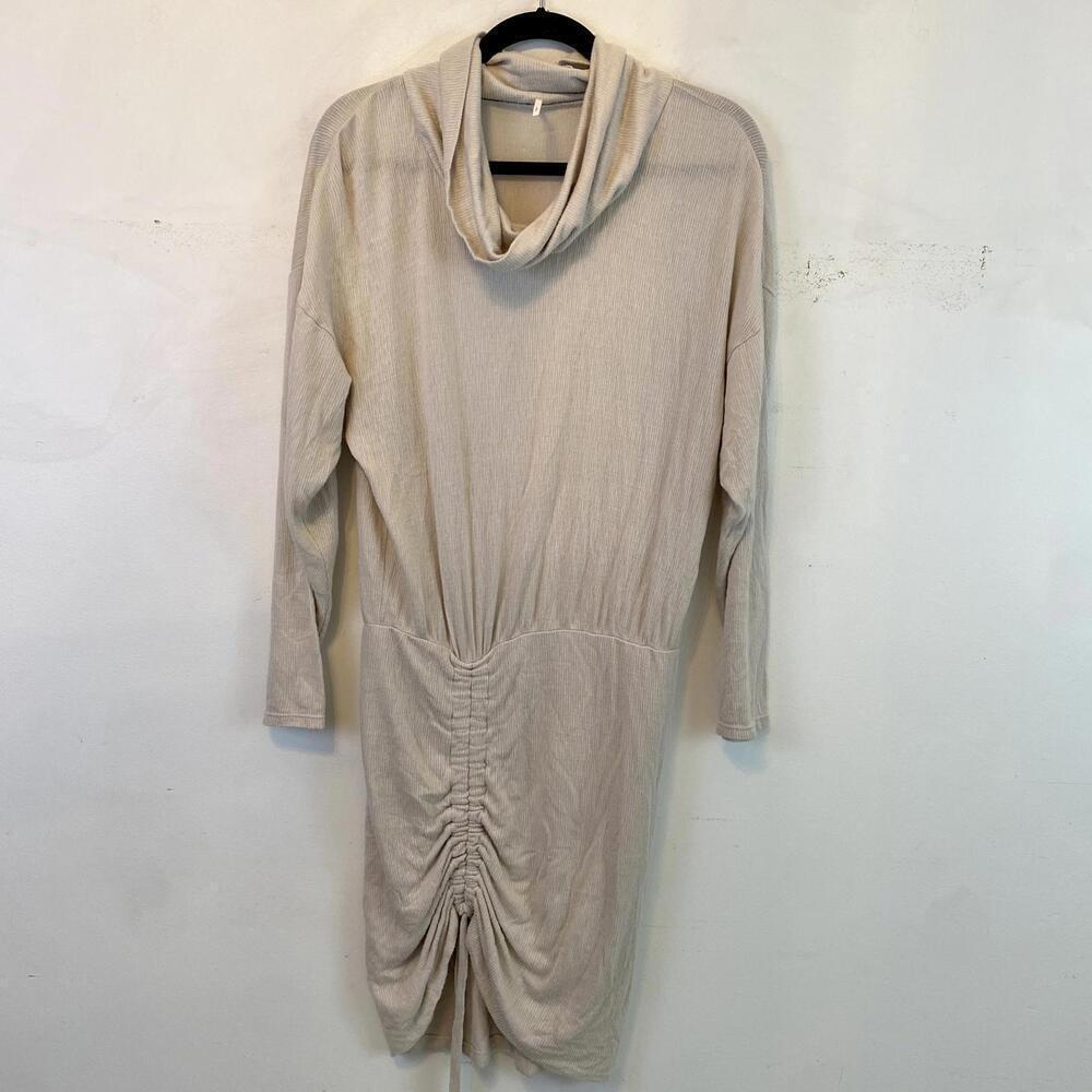 FREE PEOPLE cream ribbed cowl neck ruched sweater dress - Picture 4 of 8